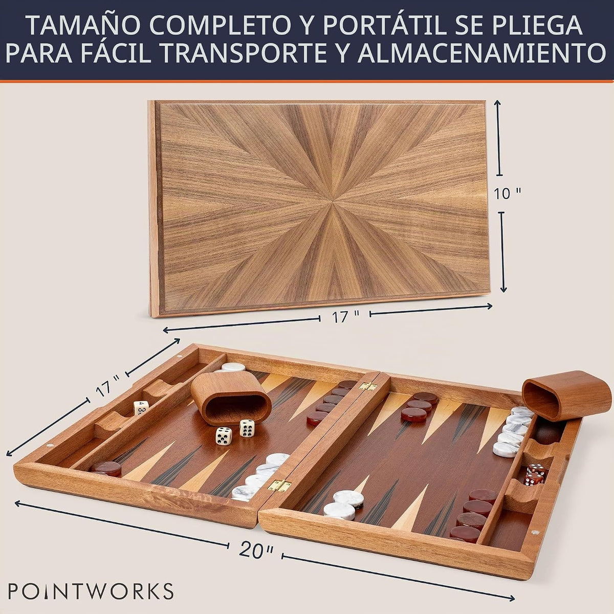 Pointworks Juegos de backgammon de 17 pulgadas para adultos. Hermoso juego de mesa de backgammon con incrustaciones de madera con damas y dados únicos. Juego de gammon de espalda grande tamaño de