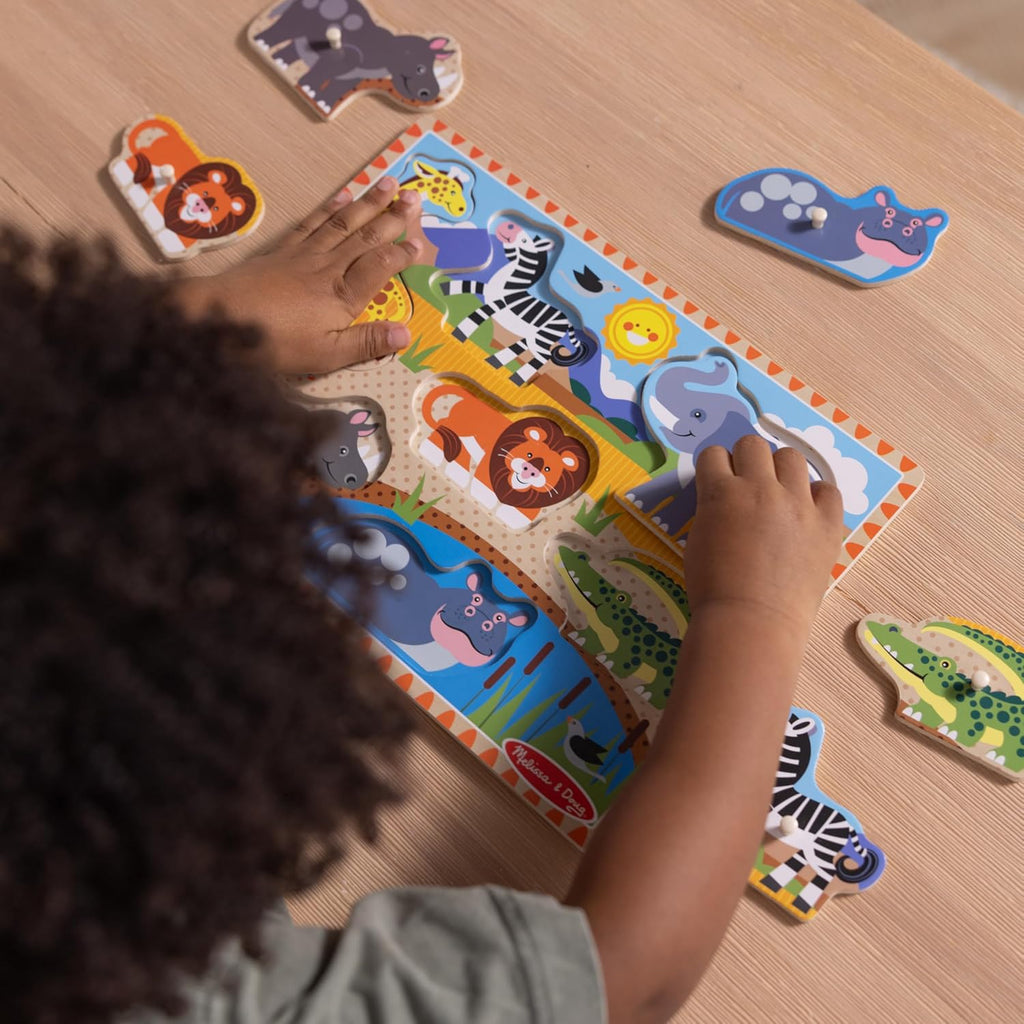 Melissa & Doug Juego de rompecabezas de clavijas de madera, paquete de 4 temas de vehículos, granja, safari y animales de mascotas, rompecabezas educativos para niños pequeños y preescolares a partir de 2 años