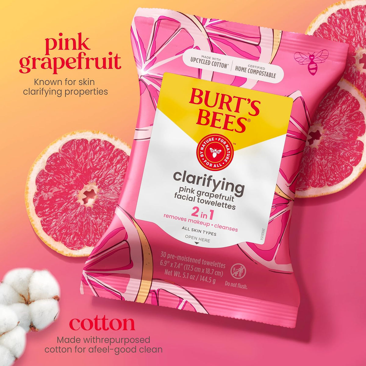 Burt's Bees Toallitas faciales de pomelo rosa, para todo tipo d...