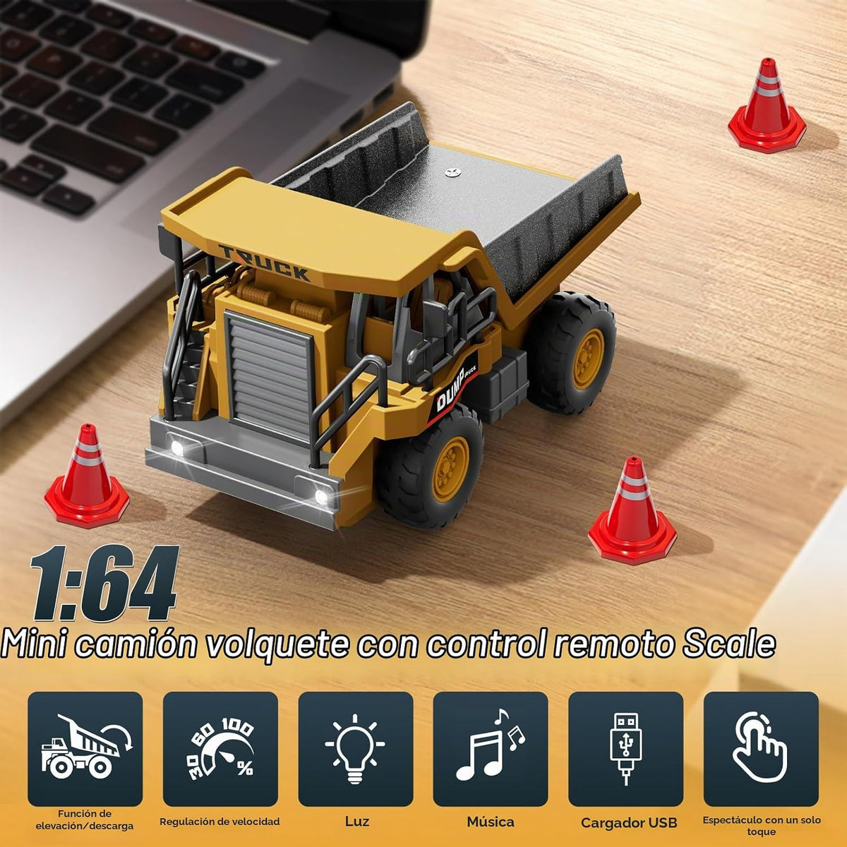 Camión volquete RC 1:64, mini juguete de escritorio con control remoto para