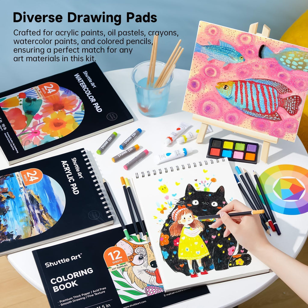 Shuttle Art Kit de arte de regalo de lujo, juego de 202 piezas de suministros de arte de madera con 4 almohadillas de dibujo, lienzos, hojas para colorear, pintura acrílica, crayones y pasteles al óleo, lápices de colores para niños