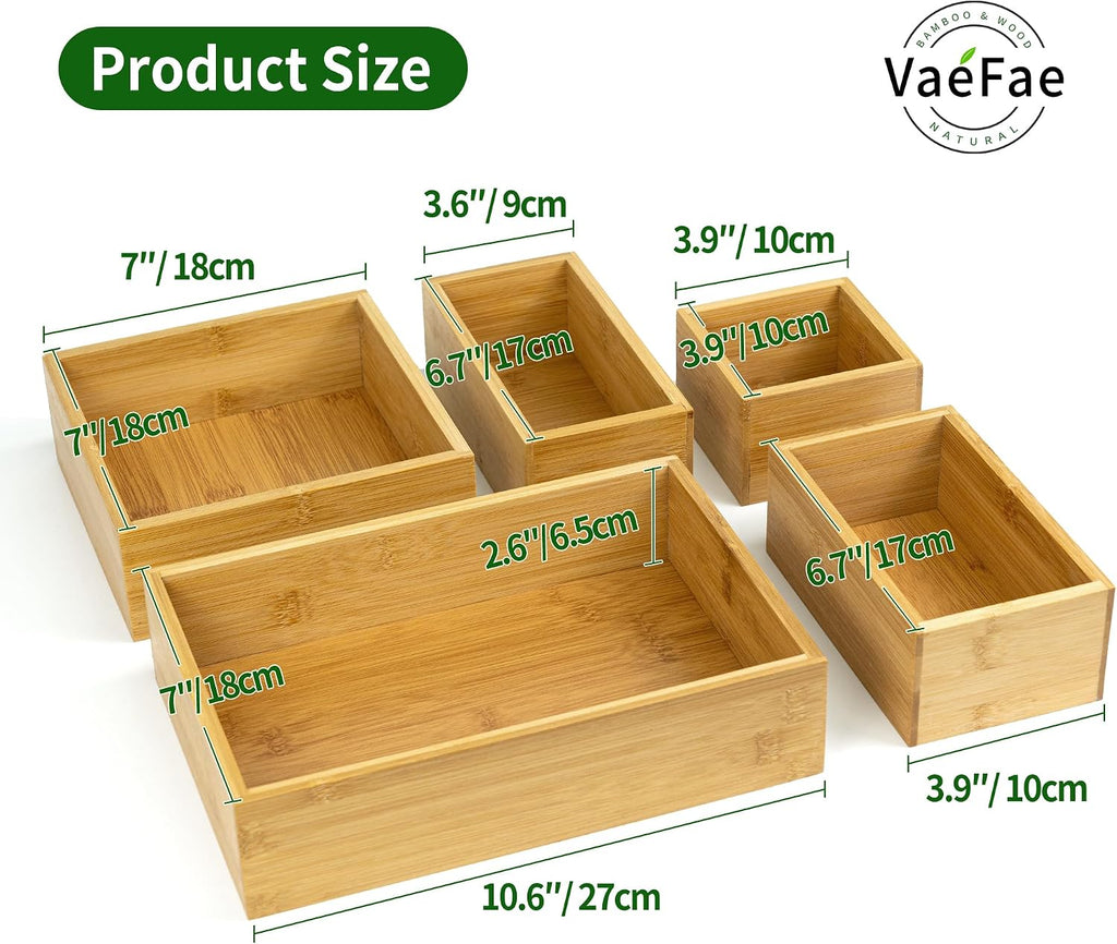 VaeFae Juego de 5 organizadores de cajones de bambú, caja organizadora de 5 tamaños, contenedores de almacenamiento para cocina, baño, oficina, dormitorio y sala de estar