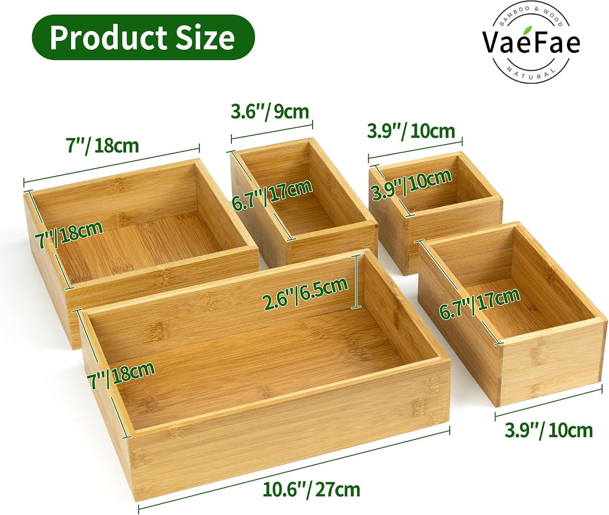 VaeFae Juego de 5 organizadores de cajones de bambú, caja organizadora de 5 tamaños, contenedores de almacenamiento para cocina, baño, oficina, dormitorio y sala de estar