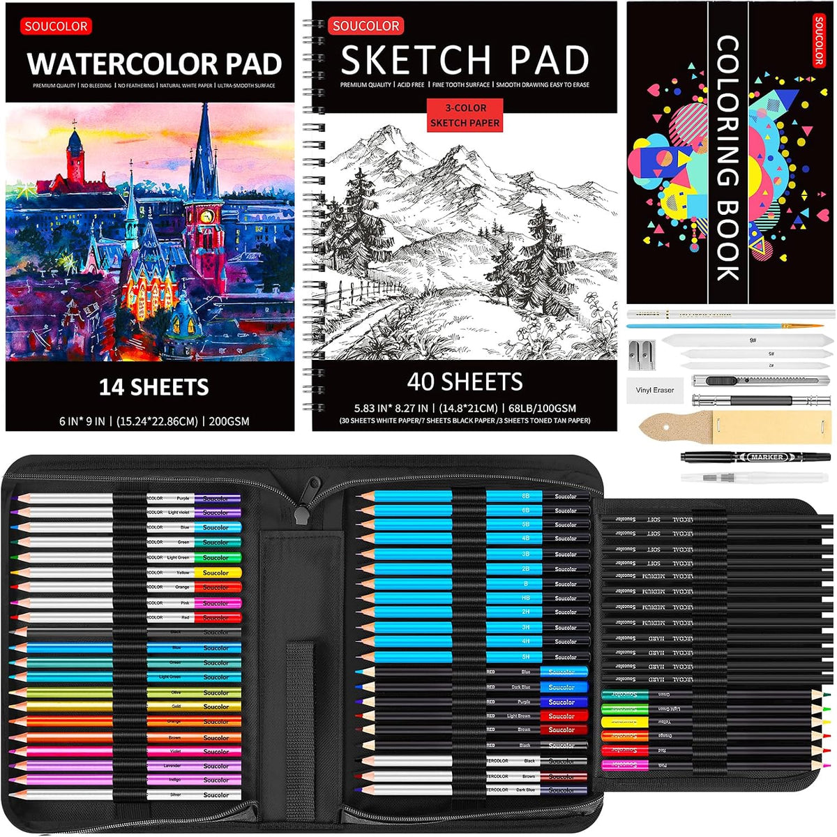 Soucolor Kit de dibujo de 76 piezas de suministros de arte, juego de