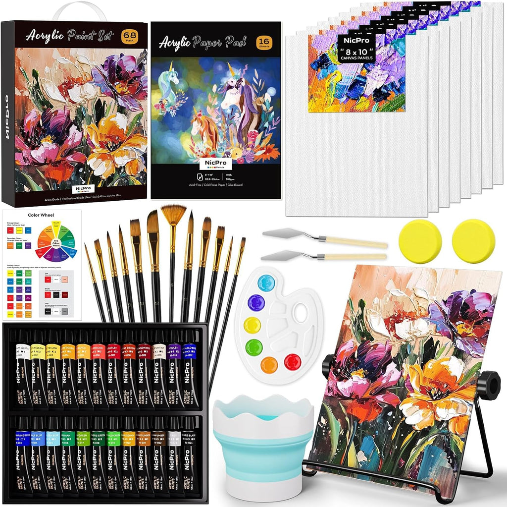 Nicpro Juego de 68 lienzos de pintura acrílica para adultos con 24 pinturas