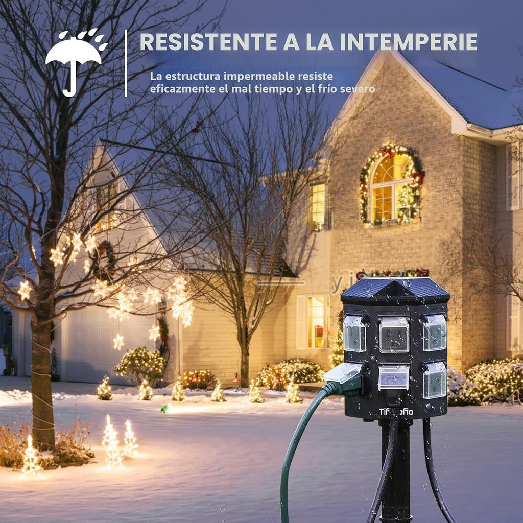 Tira de alimentación para exteriores resistente a la intemperie, cable de extensión de 25 pies con estaca, 6 tomas de tierra para decoraciones de Halloween y Navidad, 15A/1875W