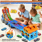 Juguetes para niños de 3, 4, 5, 6, 7, 8 años, camión transportador con sonidos de luces, regalo de cumpleaños de Navidad para niños pequeños, juego de pista de carreras de autos de capa plegable con pista de carreras, 6 autos de juguete de metal