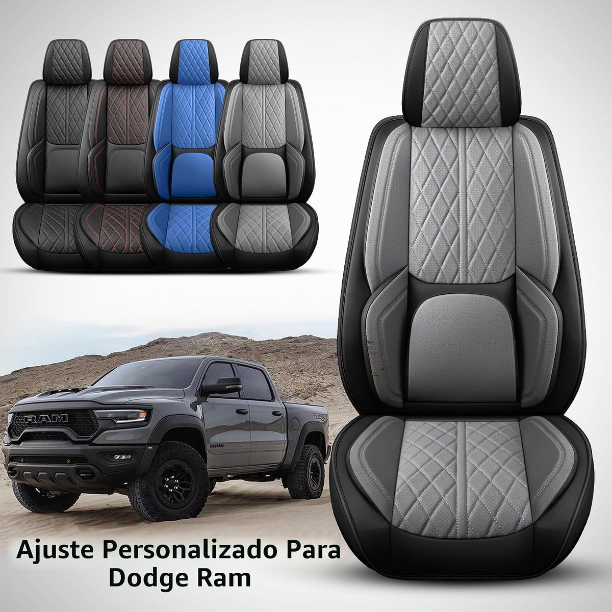 Funda de asiento de automóvil ajuste personalizado para Dodge Ram 1500 2500 3500 2002-2026, juego de fundas de asiento de piel sintética compatible con cojines de cabina regular Crew Quad (negro y gris, asiento delantero)