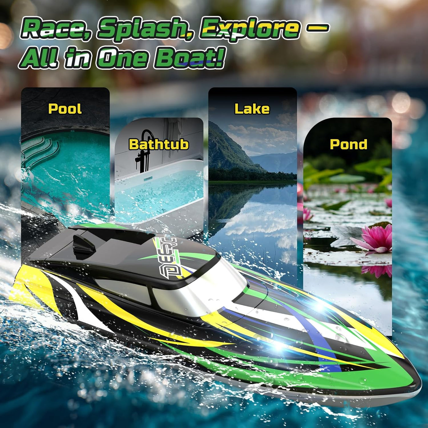 DEERC Barco RC de Alta Velocidad con Luces LED, 18.6 MPH Barco de C...