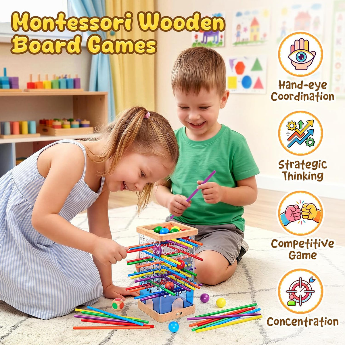 Montessori - Juego de mesa de madera para niños de 4 a 6 años, con 48 palos