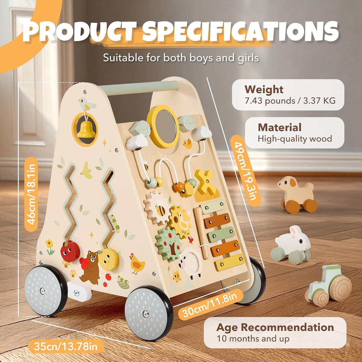 Andador de madera para bebés, andador de bebé con centro de actividades para niñas y niños, juguetes sensoriales Montessori para bebés que aprenden a caminar y sentarse a estar de pie