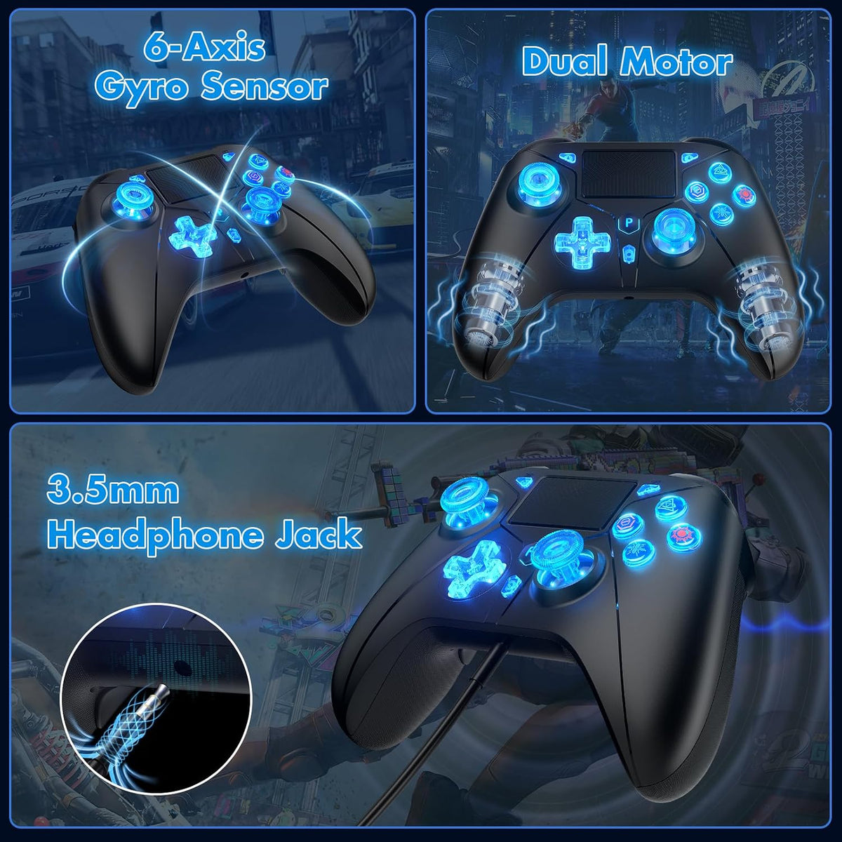 Dinosoo Controlador inalámbrico RGB con luz LED y botones traseros de reasignación, turbo ajustable, adaptador 2.4G para PS5, PC