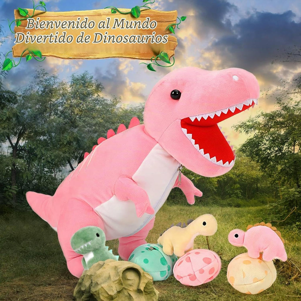 MorisMos - Animal de peluche de dinosaurio con bebés, mamá dino T-rex de 23.6 pulgadas con 3 juguetes de peluche de bebé dino y 3 huevos de peluche dentro de la barriga, juguetes de dinosaurio para