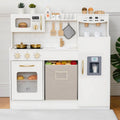 Cocina de juego de madera para niños pequeños de 3 a 5 años con sistema de almacenamiento y 18 piezas, juego de regalo de cocina compacto todo en uno, nevera, máquina de hielo, cafetera