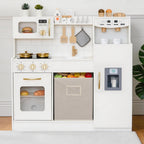 Cocina de juego de madera para niños pequeños de 3 a 5 años con sistema de almacenamiento y 18 piezas, juego de regalo de cocina compacto todo en uno, nevera, máquina de hielo, cafetera