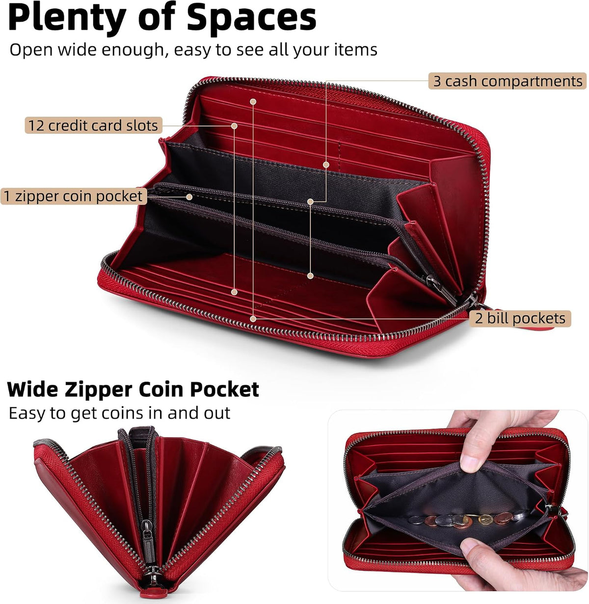 VISOUL Cartera larga de cuero con cremallera para hombres y mujeres con bloqueo RFID, cartera larga de mano grande con cremallera (borgoña)
