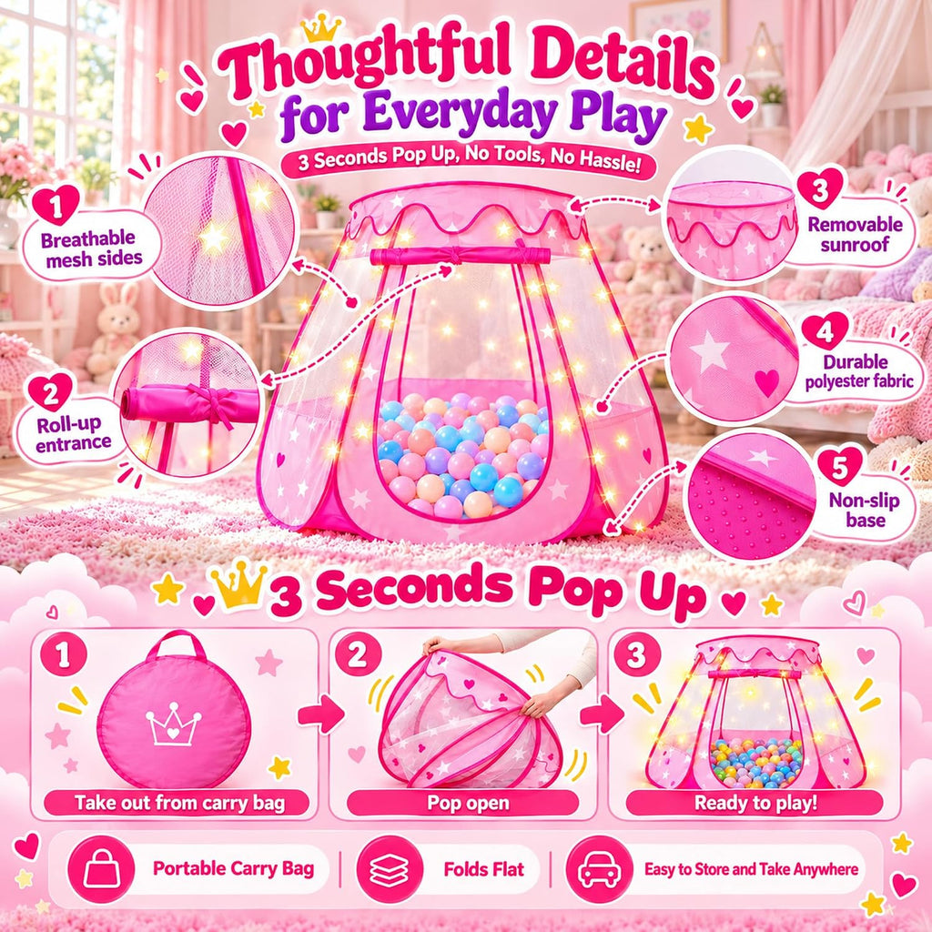 Princess Castle - Tienda de campaña desplegable para niñas con alfombra arcoíris y luces de estrella