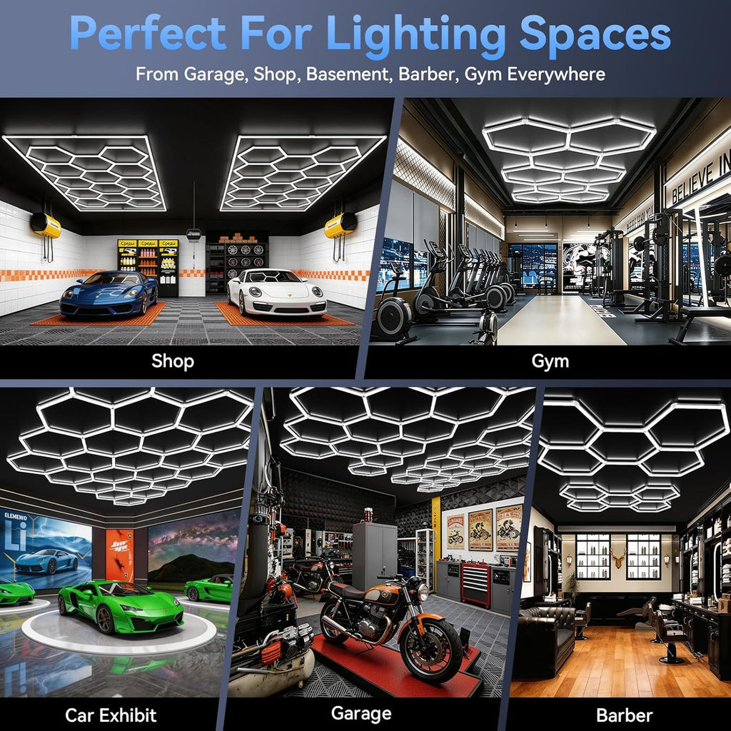 LZHOME Luces LED hexagonales de garaje de 5000 K: paquete de 25 actualizaciones de 1.31 pulgadas más amplias, 26300LM iluminación hexagonal súper brillante para techo, luz LED para taller, taller