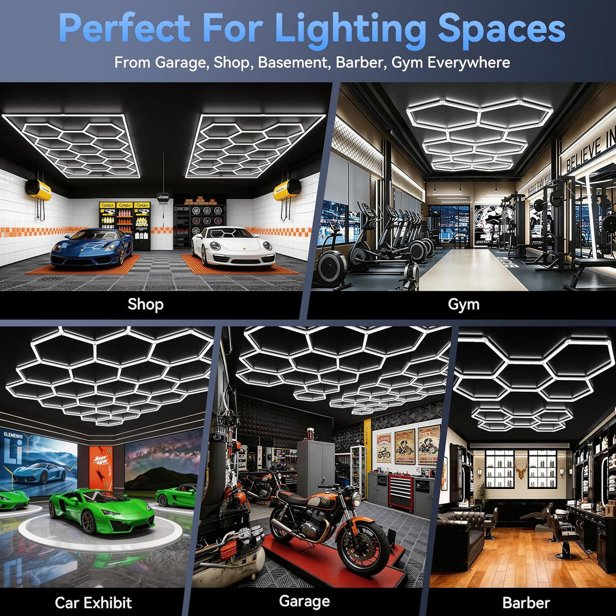 LZHOME Luces LED hexagonales de garaje de 5000 K: paquete de 25 actualizaciones de 1.31 pulgadas más amplias, 26300LM iluminación hexagonal súper brillante para techo, luz LED para taller, taller
