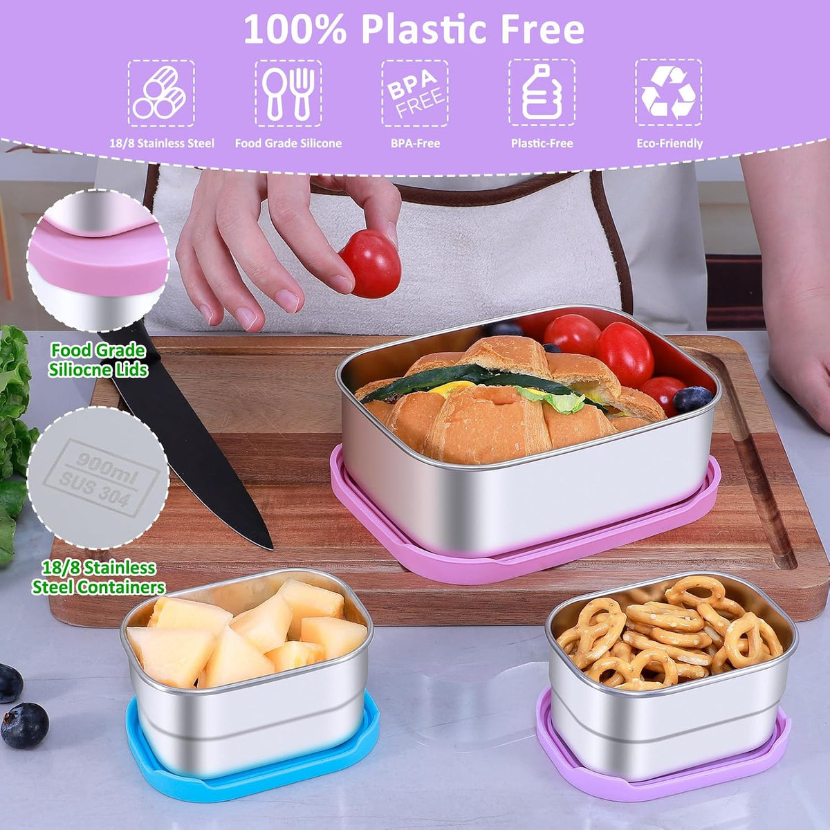 Caperci Paquete de 3 recipientes de alimentos de acero inoxidable