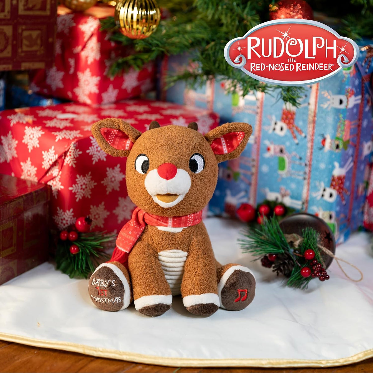KIDS PREFERRED Santa Claus Rudolph, el reno de nariz roja, animal de peluche musical, la primera Navidad del bebé, 8 pulgadas