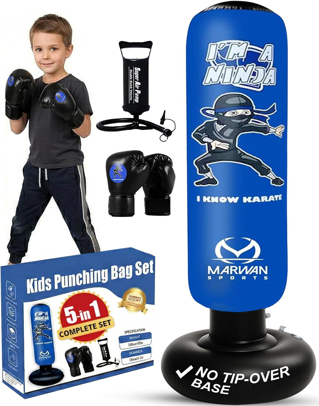 Ninja - Saco de boxeo para niños, juguete sensorial inflable y regalo de cumpleaños para niños y niñas de 4 a 12 años, kit independiente 5 en 1 de 63 pulgadas, para apartamentos