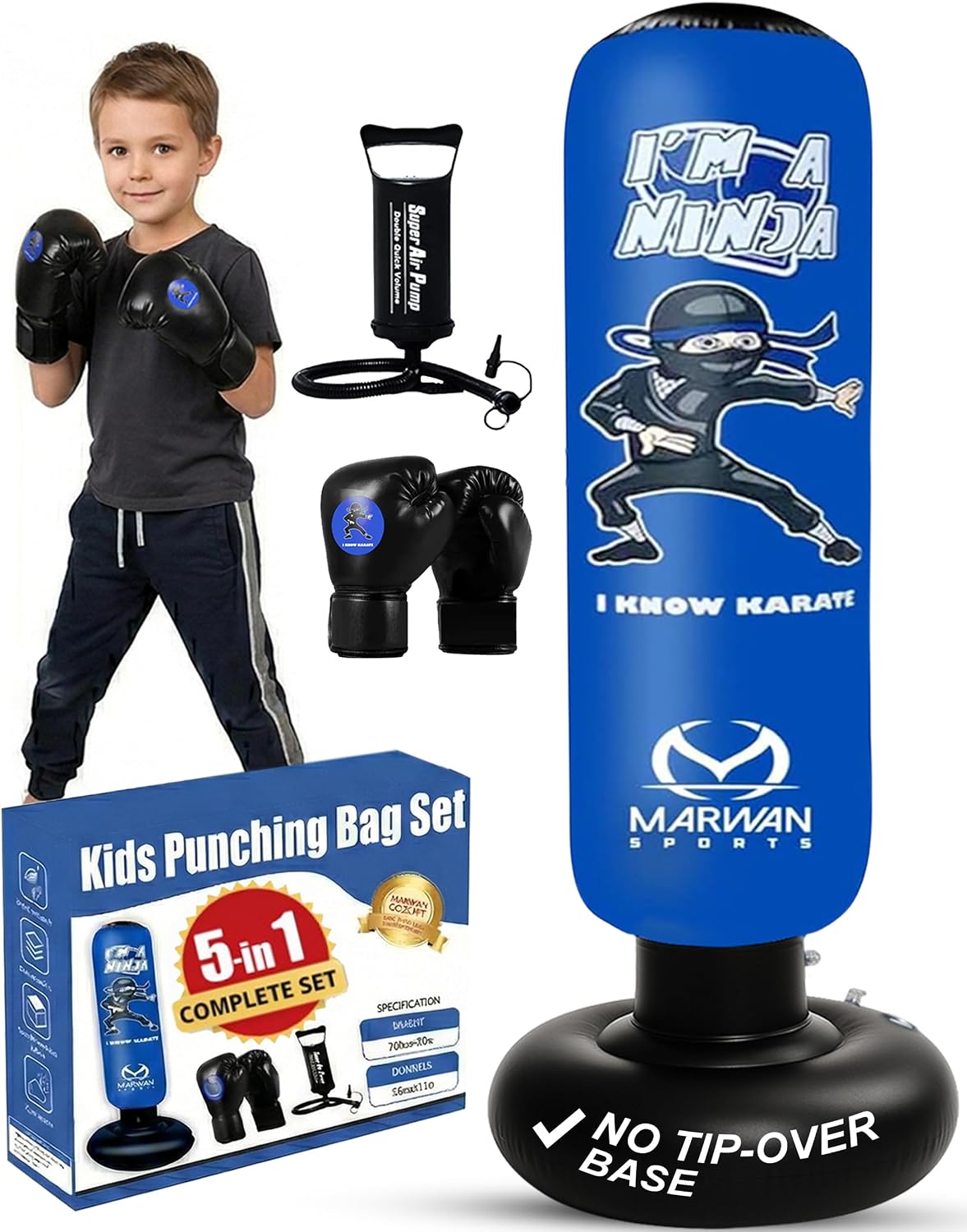 Ninja - Saco de boxeo para niños, juguete sensorial inflable y regalo de cumpleaños para niños y niñas de 4 a 12 años, kit independiente 5 en 1 de 63 pulgadas, para apartamentos