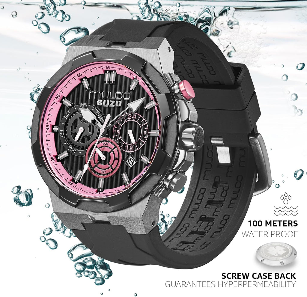 MULCO Reloj de Pulsera para Hombre Atlantis 46mm Caja de Acero Inoxidable Correa de Silicona Negra Movimiento Multifunción de Cuarzo Miyota JP25 10 ATM Resistente al Agua Reloj de Cara Grande para Hombre