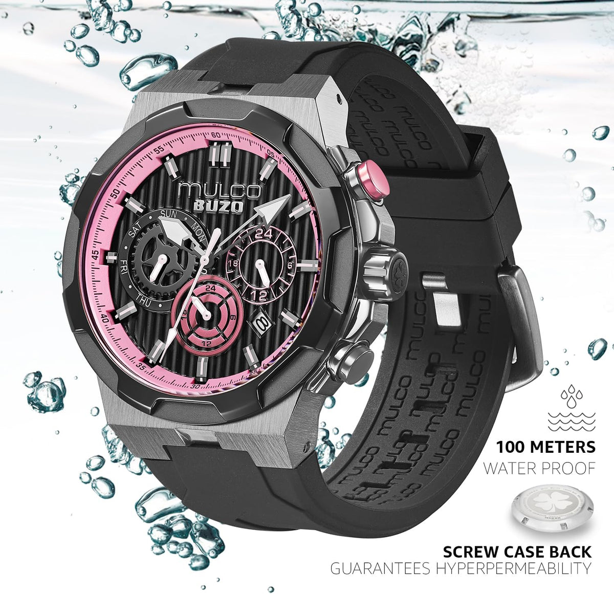 MULCO Reloj de Pulsera para Hombre Atlantis 46mm Caja de Acero Inoxidable Correa de Silicona Negra Movimiento Multifunción de Cuarzo Miyota JP25 10 ATM Resistente al Agua Reloj de Cara Grande para Hombre