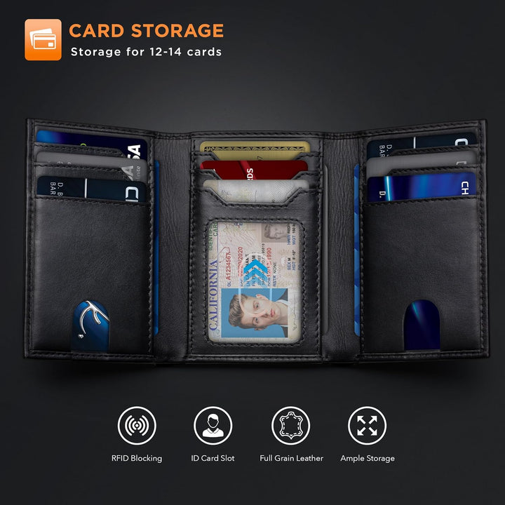SERMAN BRANDS Billetera tríptica para hombres - Cuero genuino con b...