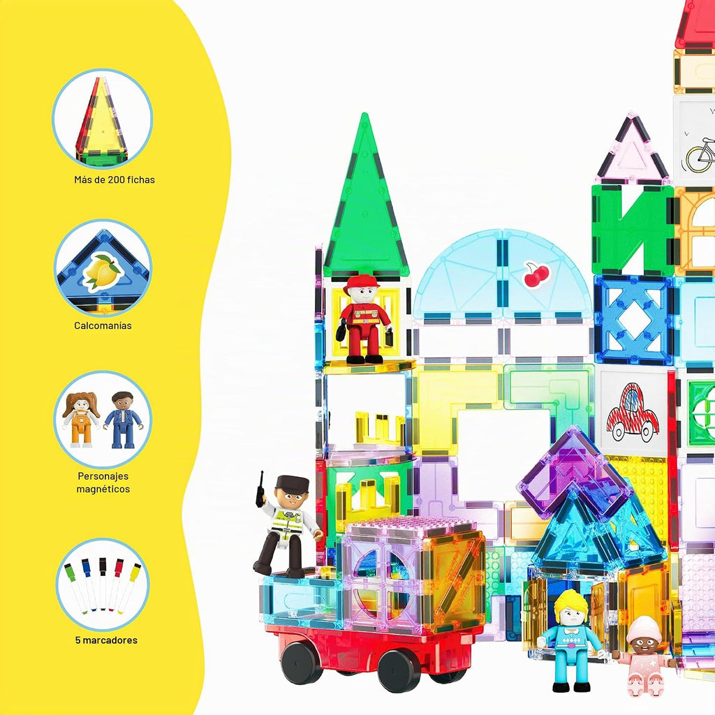 PicassoTiles Bloque de construcción magnético mega juego de 350 piezas de bloques de construcción de azulejos magnéticos con base de automóvil, figuras de personajes, marcadores, pizarra blanca, libro de ideas de más de 110 páginas incluido para