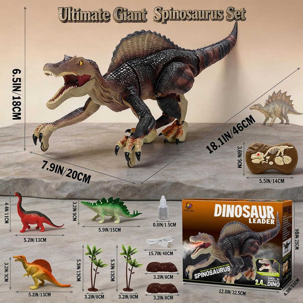 Juguetes de dinosaurio con control remoto para niños, juguete electrónico RC Spray Raptor, juguete para caminar, rugiente, espinosaurio jurásico, realista, 18.1 pulgadas, regalo de cumpleaños