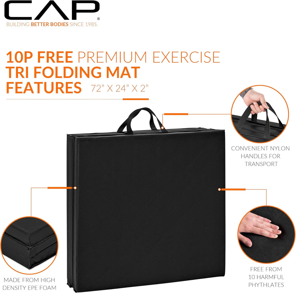 CAP Barbell Alfombrilla de ejercicio plegable, duradera, antidesgarros, acolchado grueso para fitness, aeróbicos, gimnasia y entrenamientos en casa. 72 pulgadas de largo x 24 pulgadas de ancho x 2