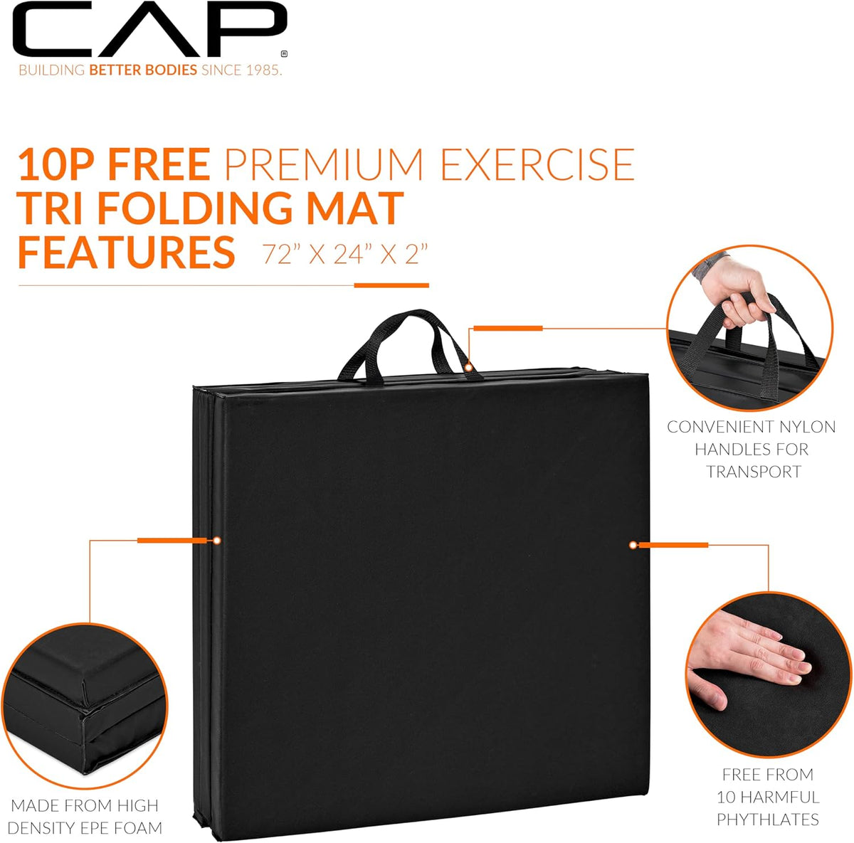 CAP Barbell Alfombrilla de ejercicio plegable, duradera, antidesgarros, acolchado grueso para fitness, aeróbicos, gimnasia y entrenamientos en casa. 72 pulgadas de largo x 24 pulgadas de ancho x 2