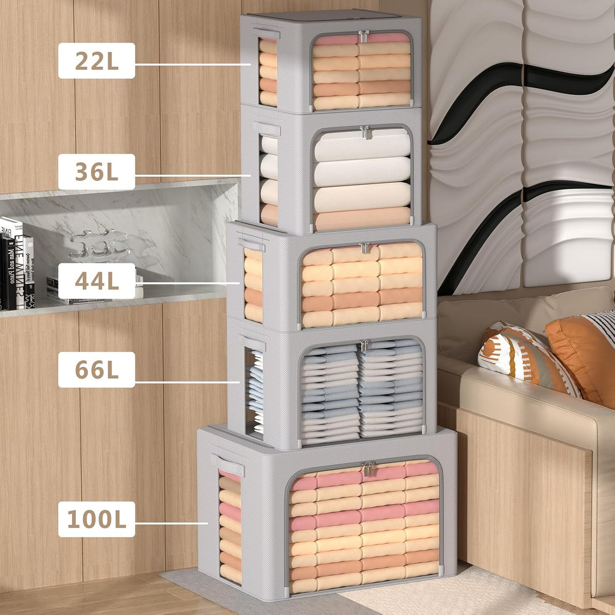 CYhom Paquete de 3 cajas de almacenamiento con marco, bolsas de almacenamiento de ropa, tela Oxford, plegable, apilable, juego organizador con ventana transparente y asas de transporte, gran capacidad (gris, grande, 66 L)