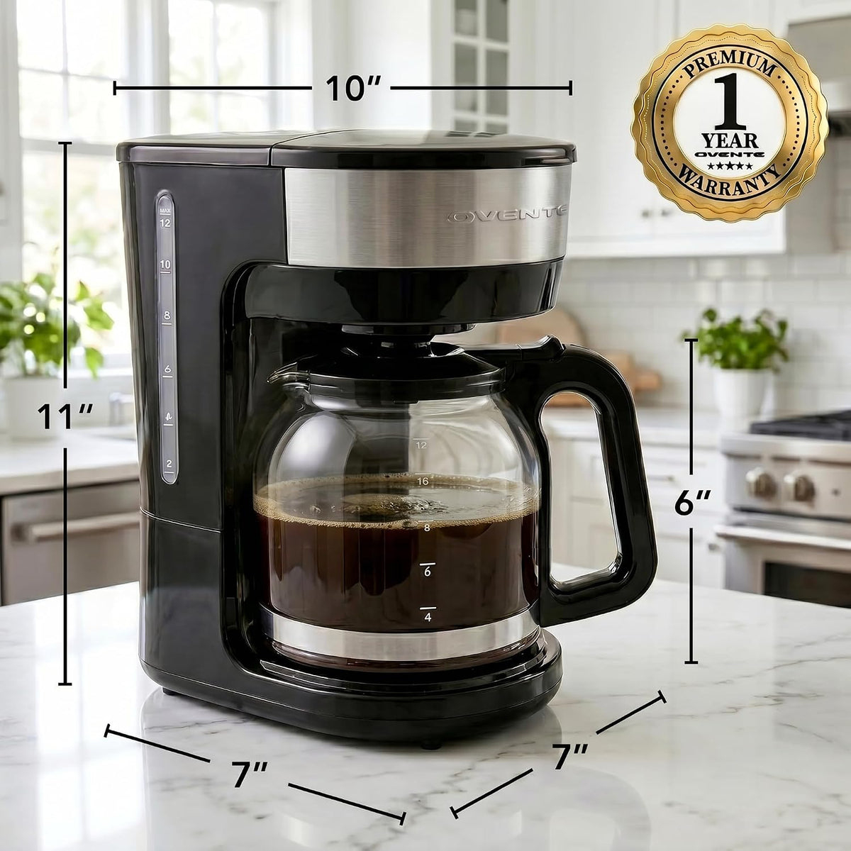 OVENTE Cafetera de goteo para 12 tazas con interruptor Easy On/Off, negra CM412B