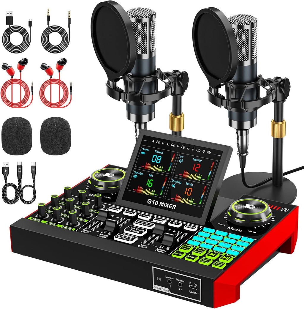 TENLAMP Paquete de mezclador de audio G10 Creator con micrófonos duales
