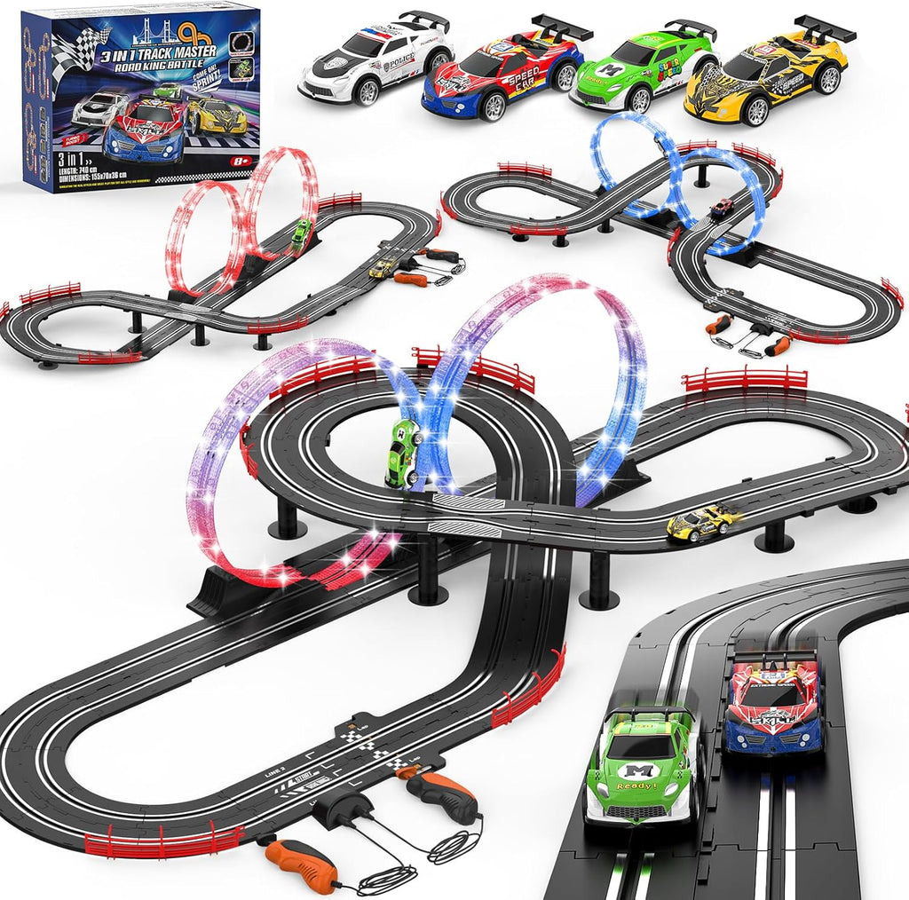 Juego de pista de carreras de ranura 3 en 1 con 4 coches de ranura de alta velocidad, pista de carreras eléctrica que incluye pistas de destello de paso elevado circular, juguetes de regalo de juego