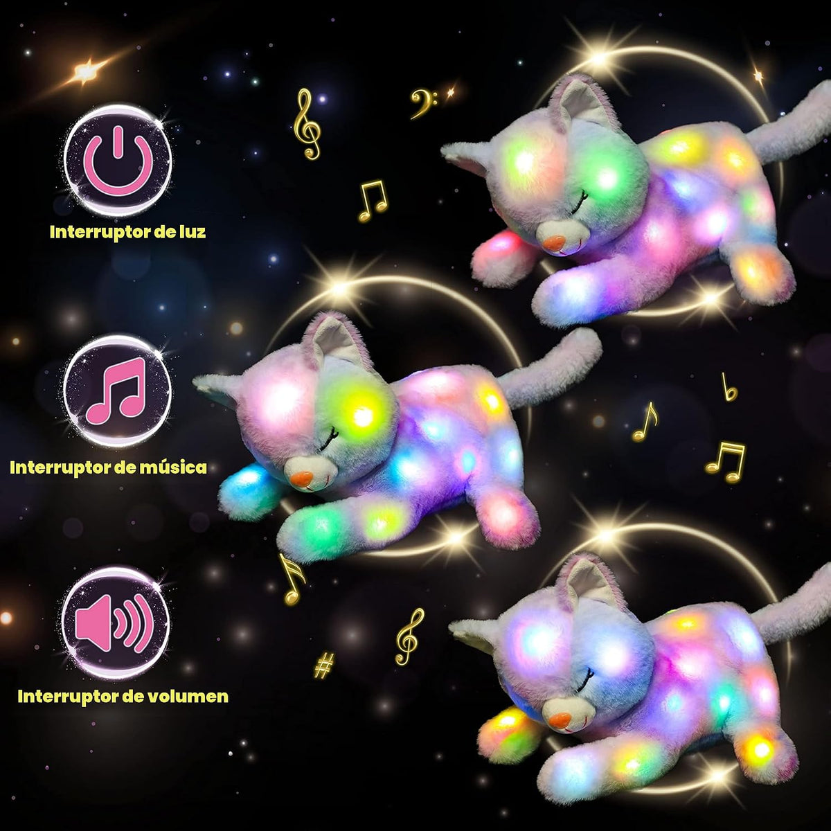 Hopearl Gato de peluche LED musical con luces, juguete de peluche