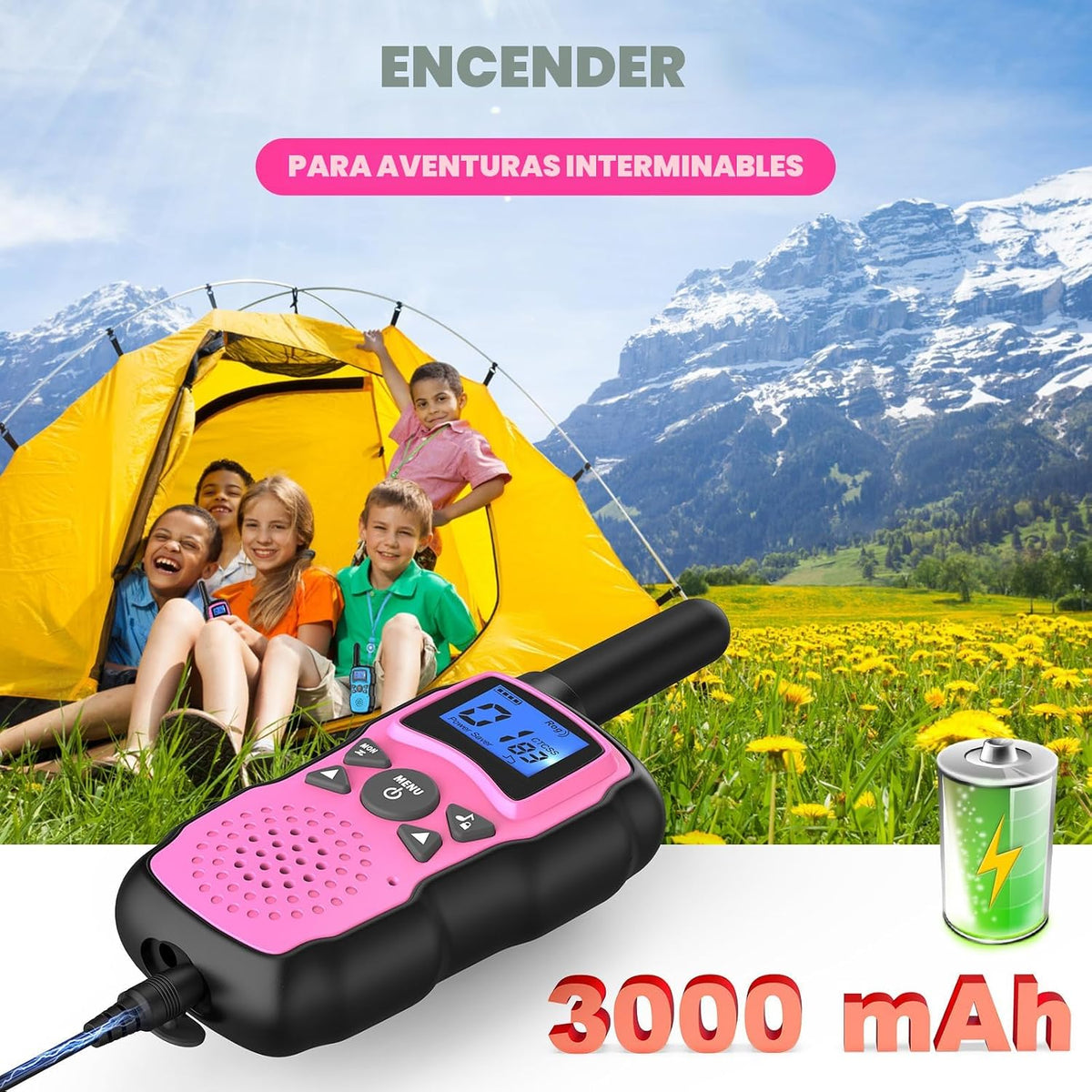 Walkie Talkies para niños recargable con cargador USB de 6000 mAh, juegos de campamento al aire libre con cordón de linterna, juguetes para niñas, regalo de cumpleaños de Halloween, Navidad, paquete de 2 unidades, rosa y morado