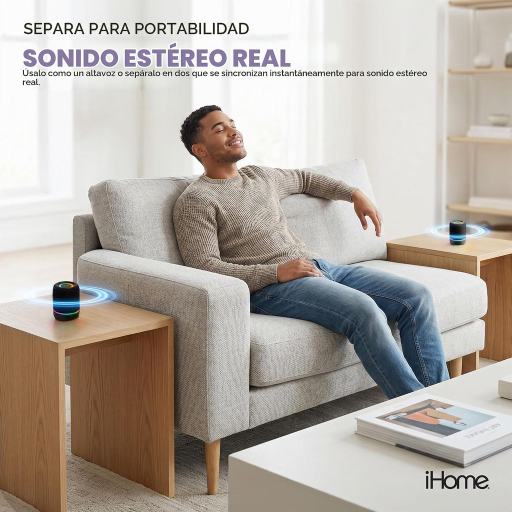 iHome Altavoz Bluetooth inalámbrico portátil 2 en 1 con luces RGB