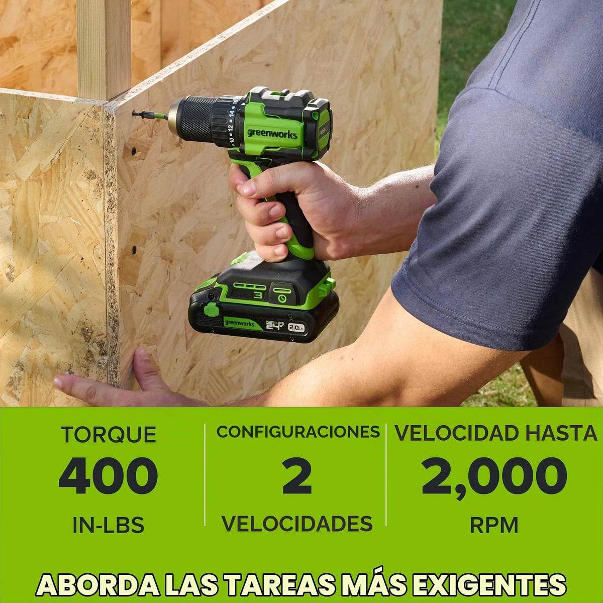 Greenworks - Taladro inalámbrico sin escobillas de 24 V, 400 pulgadas-libras más combo de destornillador de 1950pulgadas-libras, alto par, ligero, (2) baterías USB-C de 2.0 Ah (batería externa de