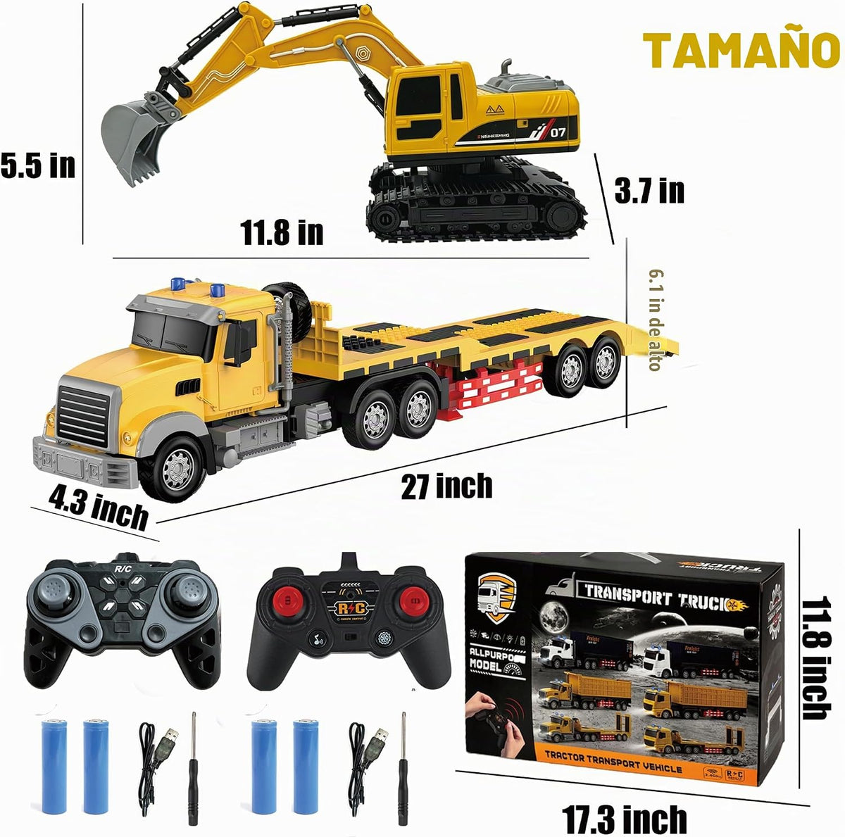 Semirremolque RC con juego de juguetes de excavadora, tractor de ingeniería de semirremolque RC de 24 pulgadas con excavadora, camión 1:24 con luces LED y música, gran regalo para niños y niñas