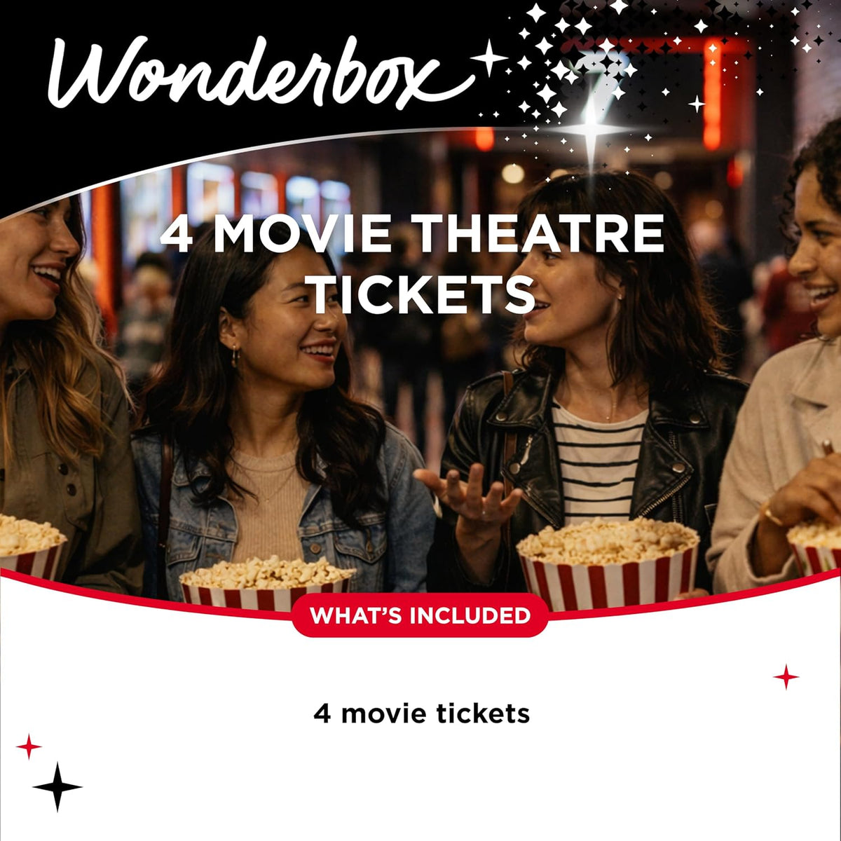 WONDERBOX – Paquete de entradas de cine AMC - 4 entradas negras - Idea de regalo original - Regalo experiencial - 550 ubicaciones en los EE. UU