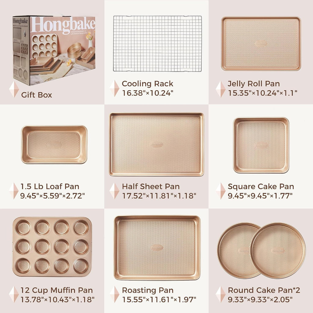 Juego de 9 moldes para hornear antiadherentes, apilables no tóxicos con textura de diamante, juego de bandejas para horno para cocinar, incluye bandeja para galletas con rejilla, molde para