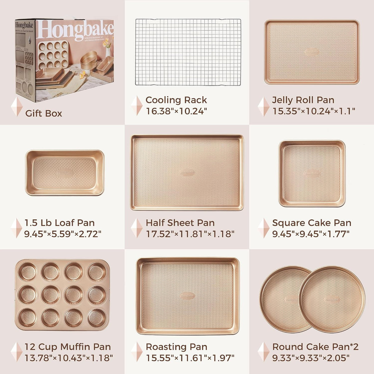 Juego de 9 moldes para hornear antiadherentes, apilables no tóxicos con textura de diamante, juego de bandejas para horno para cocinar, incluye bandeja para galletas con rejilla, molde para