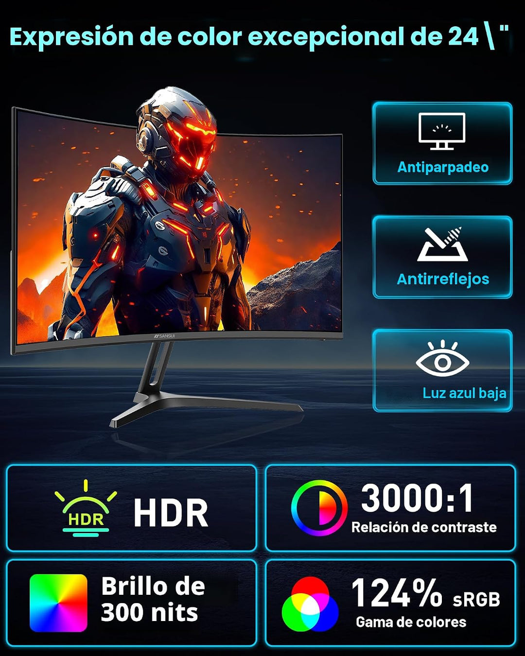 SANSUI Monitor de juegos curvo de 24 pulgadas 240Hz FHD 1080P, moni...