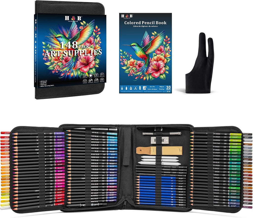 H & B Kit de dibujo de 148 lápices de colores para adultos con cuaderno de