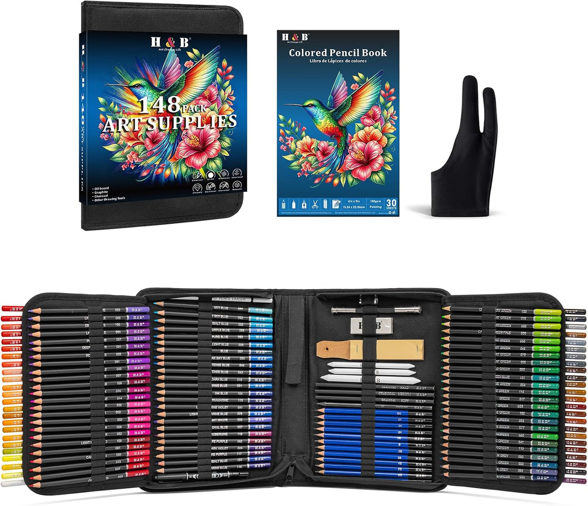 H & B Kit de dibujo de 148 lápices de colores para adultos con cuaderno de