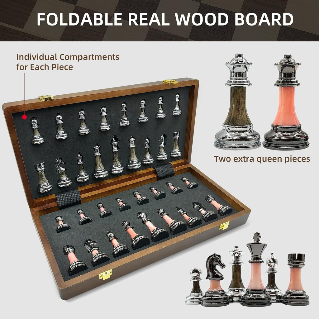 Juego de ajedrez de madera plegable grande de 17 pulgadas con piezas